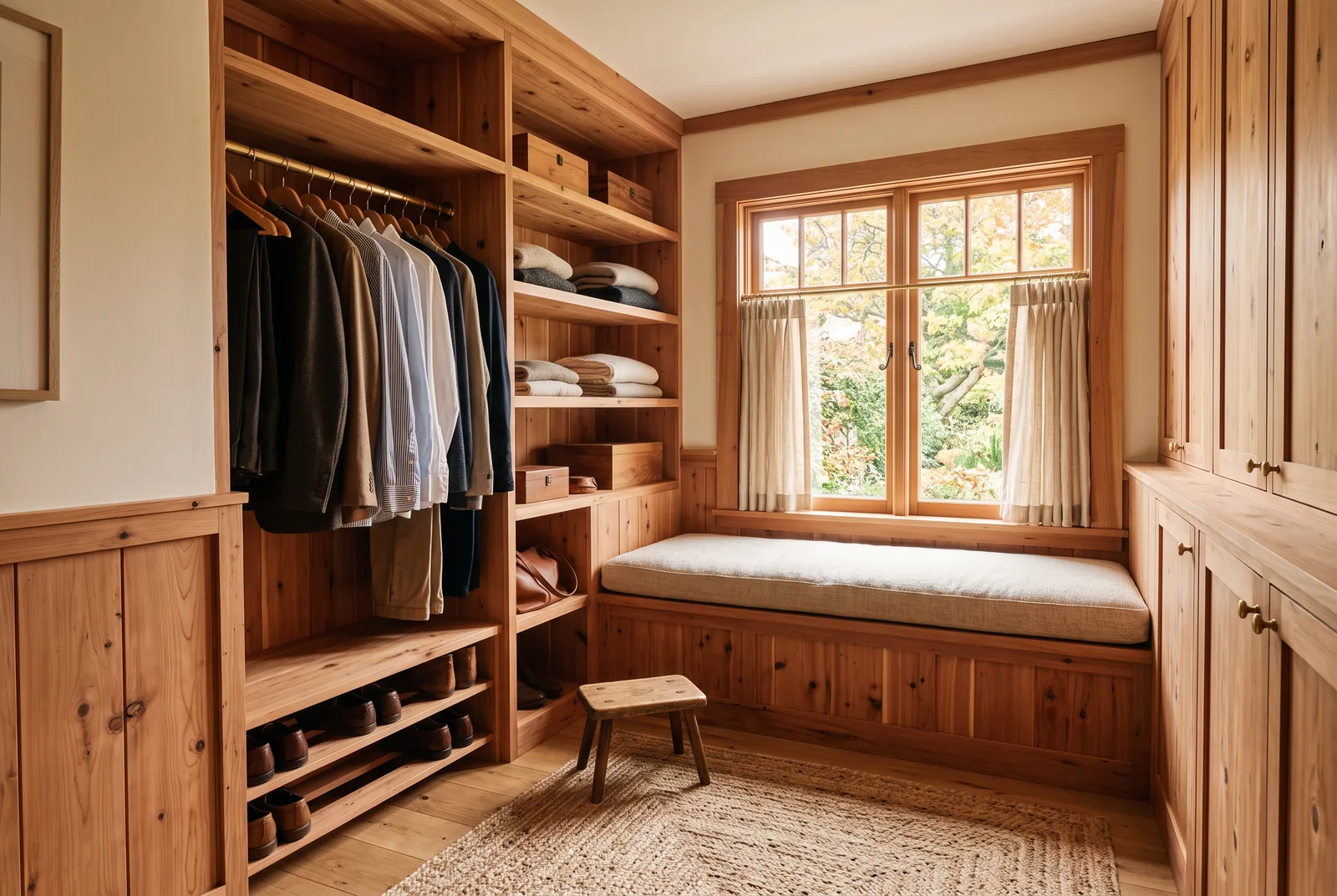Concept design for a cedar lined dressing room with a built-in window bench