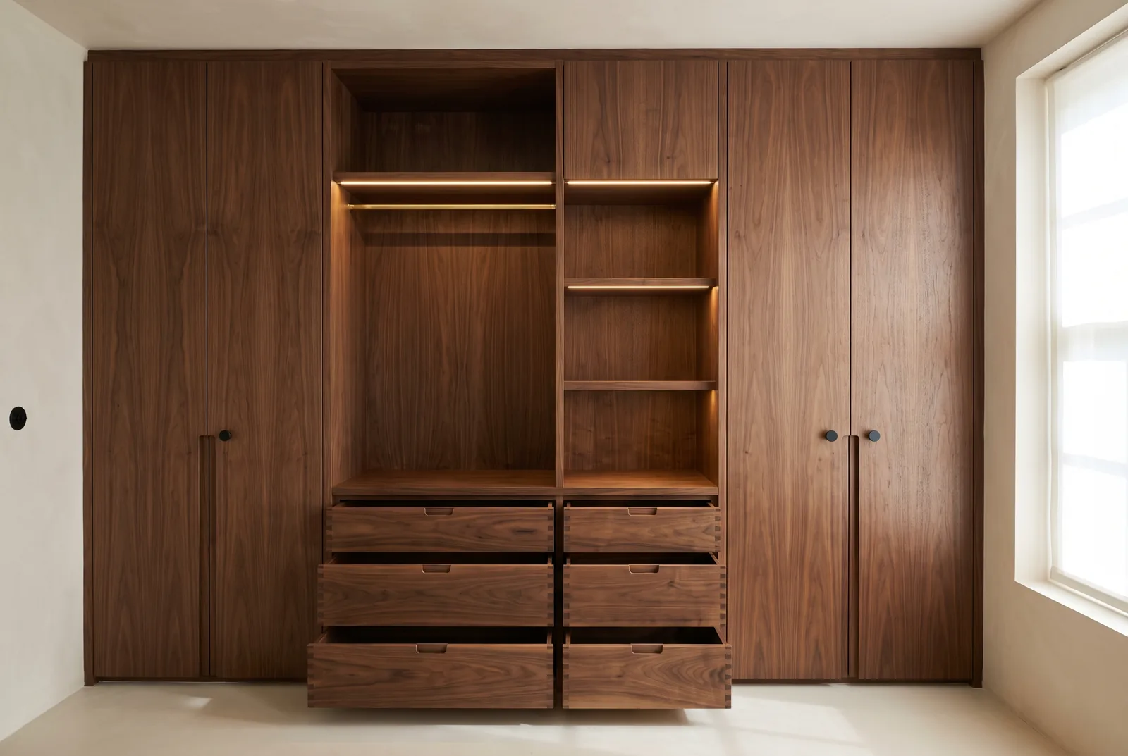 Concept design for a black walnut built-in wardrobe wall with grain matched doors