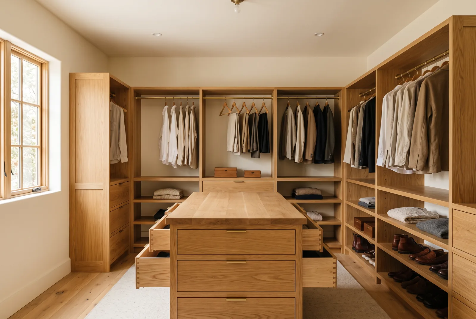 Concept design for a white oak walk-in closet with a centre island and dovetailed drawer boxes