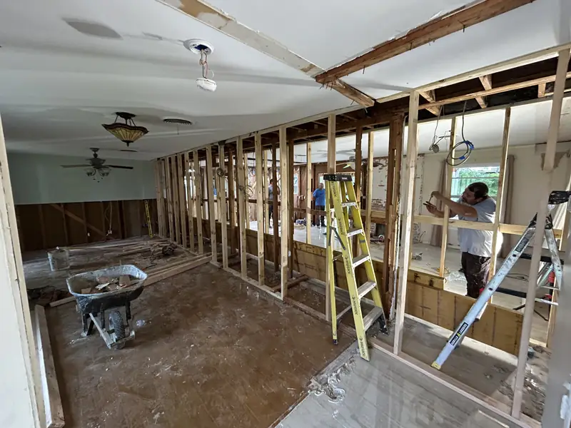 Load bearing wall stripped to the studs during the Hollywood Park remodel