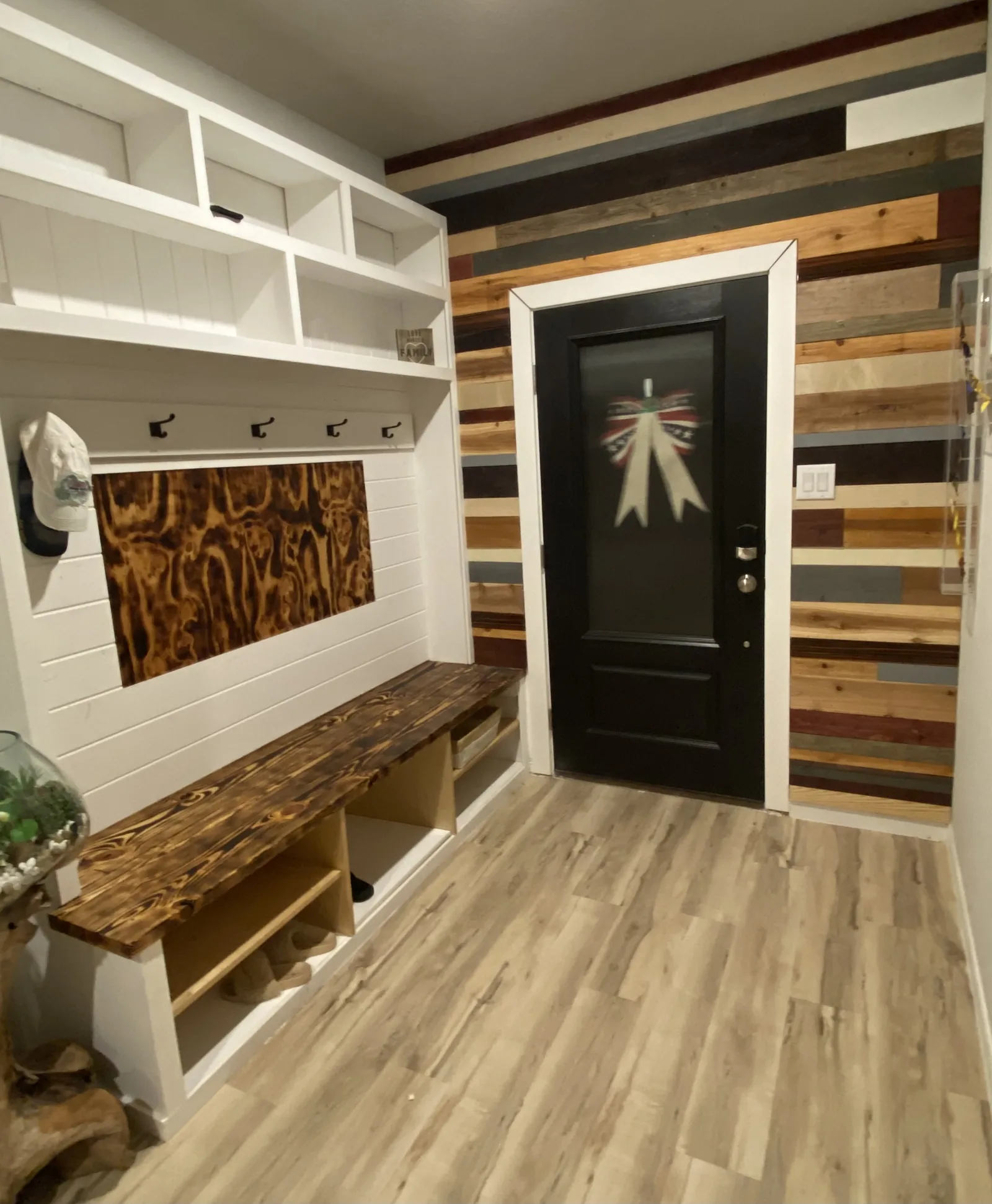 Mudroom lockers with a solid wood slab bench