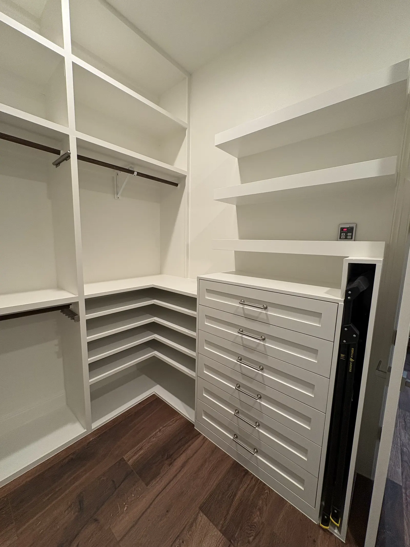 Full height closet shelving with drawer stacks